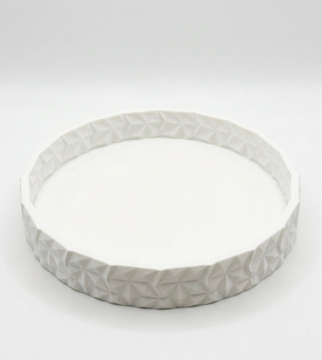 White Geometric Display Dish– Low-Profile Round Vanity & Catchall Tray