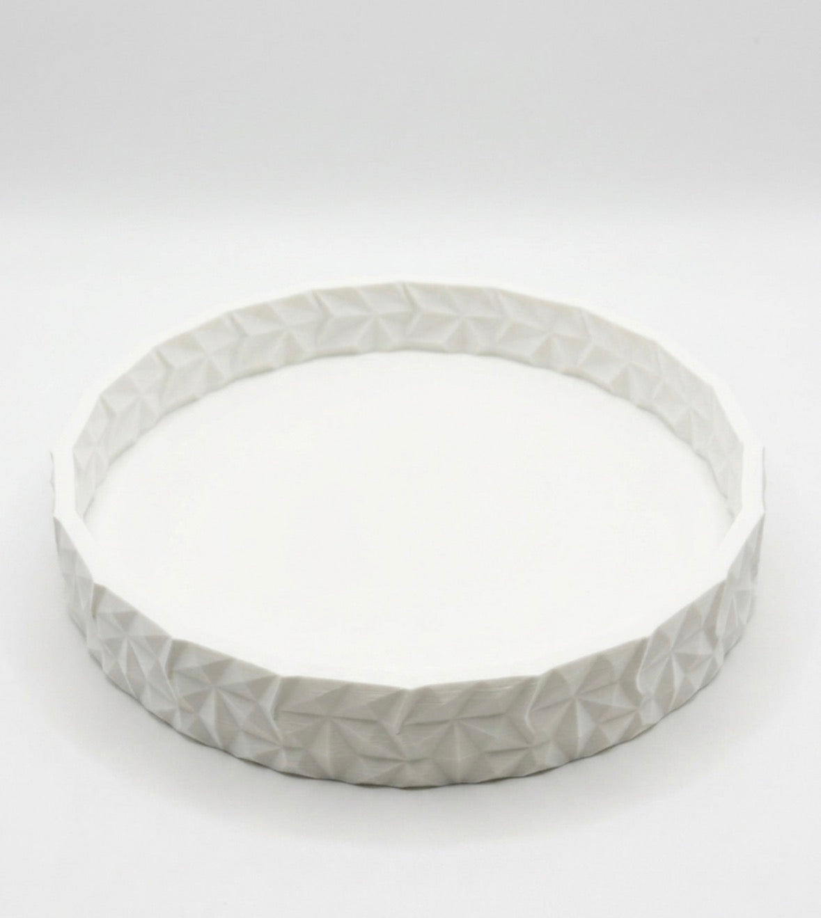 White Geometric Display Dish– Low-Profile Round Vanity & Catchall Tray